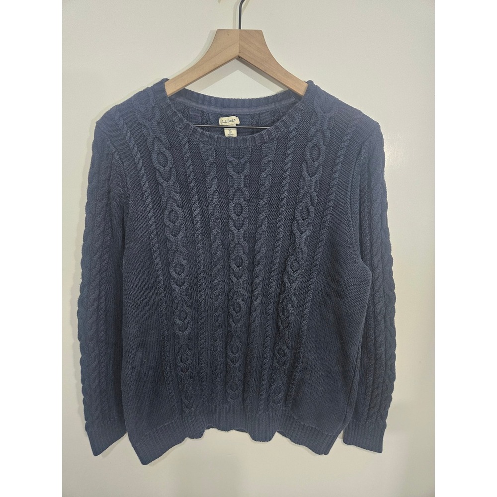 LL Bean‎ Womens XL Navy Blue 100% Cotton Cable Knit Crewneck Sweater 298839